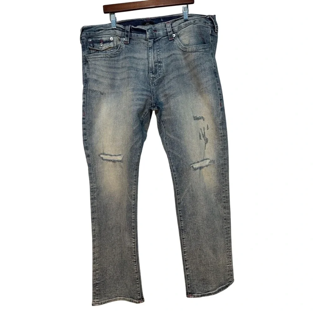True Religion Ricky Relaxed Straight Jeans Mens 40x35 Blue Pink Stitch Distresed